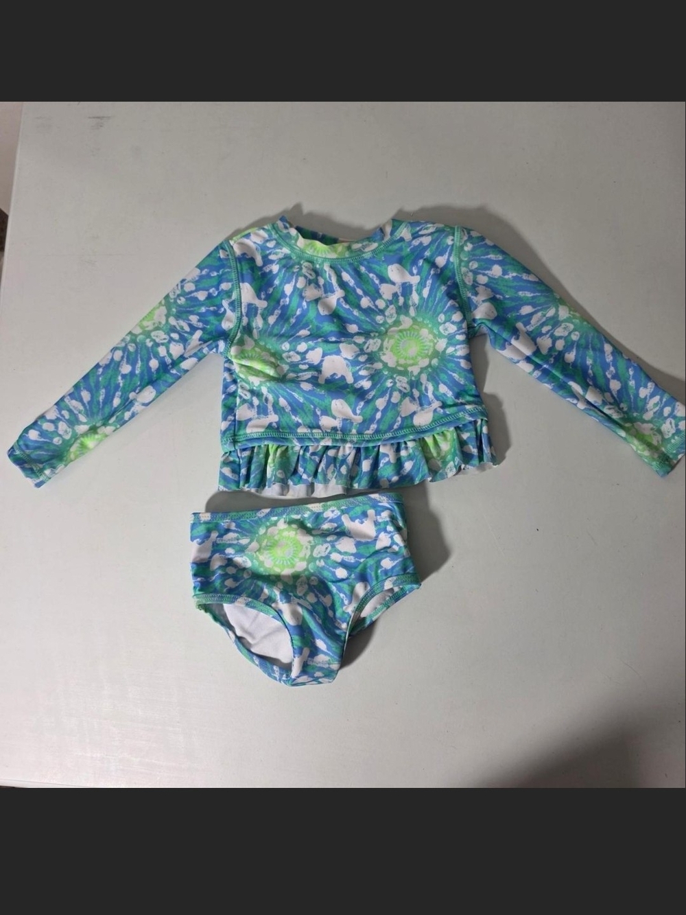 Girls Long-Sleeve Blue & Green Rashguard Swim Set with Ruffle Hem